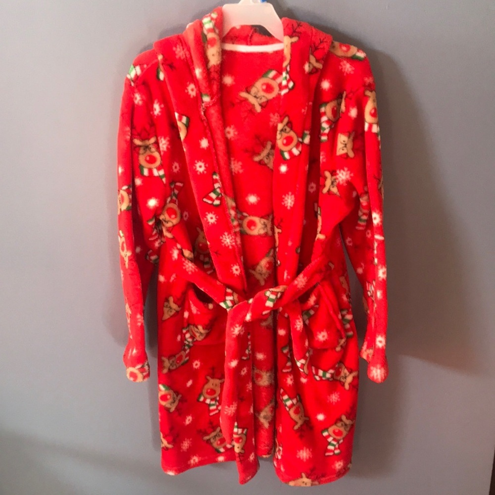 Boys/girls unisex red fleece robe with reindeer snowflakes christmas holidays
